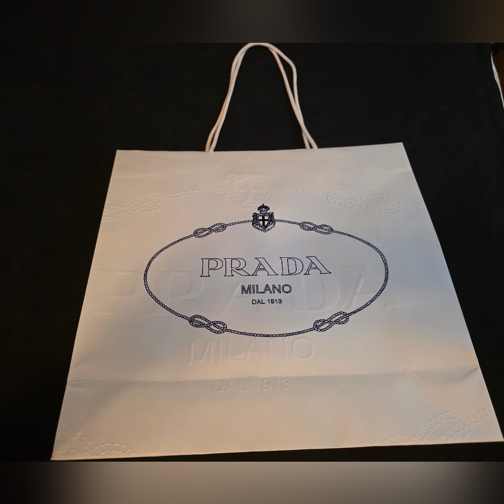 Prada White Shopping Bag with Blue Logo – Large Luxury Paper Tote – 16"